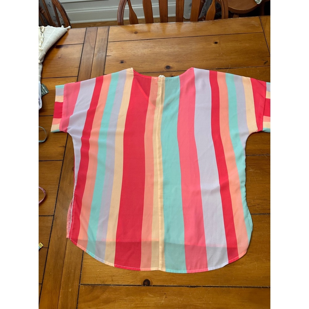 BiBi Women Large Pink Mint Striped V-Neck Chiffon High-Low‎ Blouse Short Sleeve - Picture 8 of 8